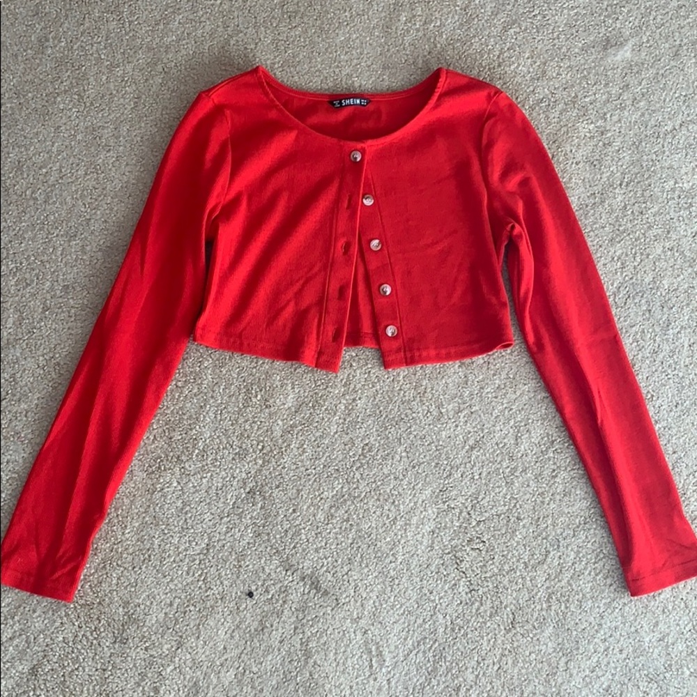 Red Cropped Button Up Blouse